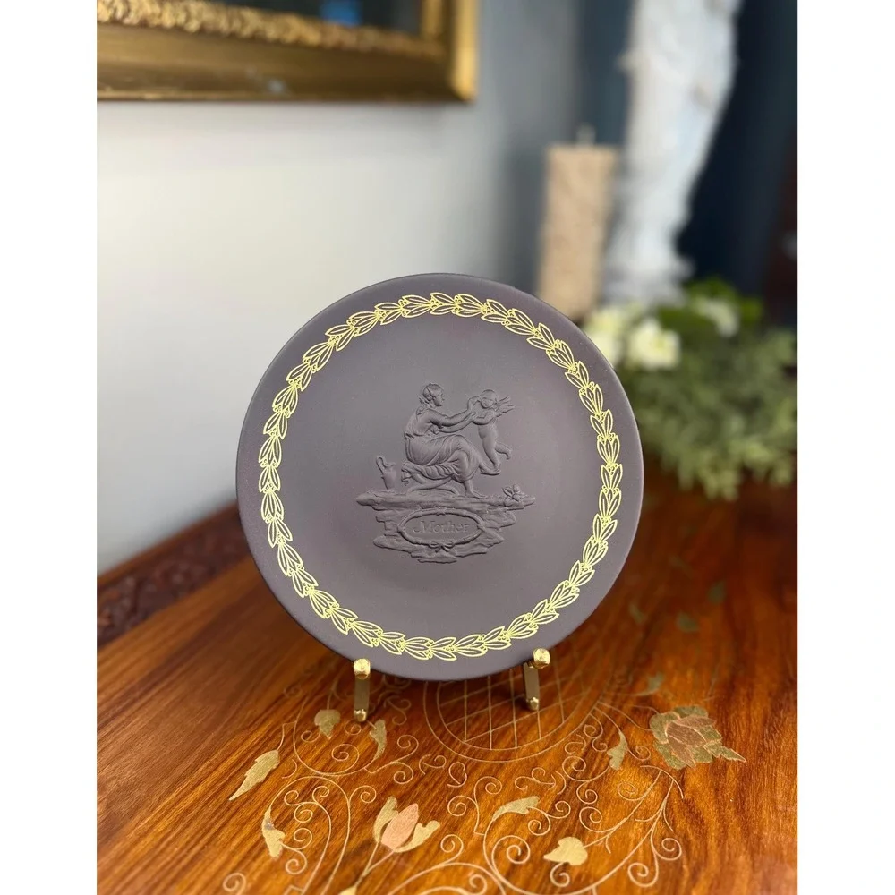 Vintage Wedgwood Mother Plate • Black Basalt Jasperware Gold Relief